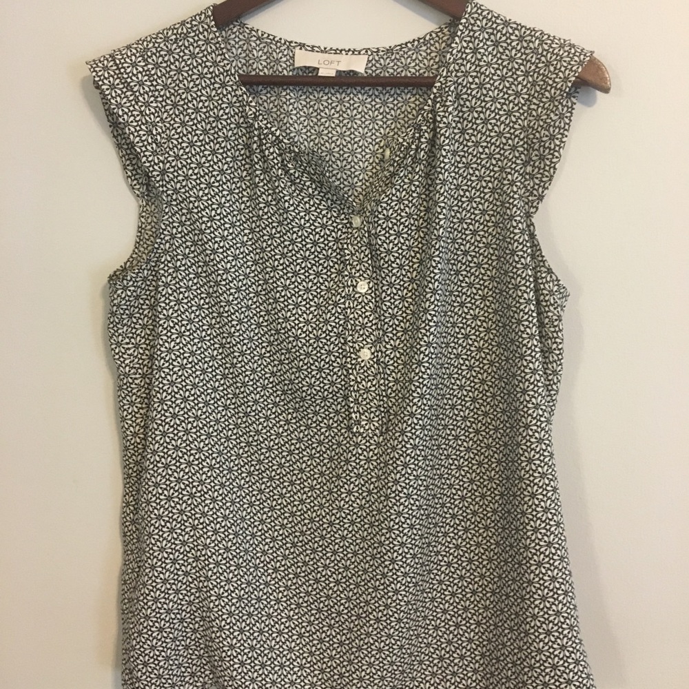 Loft Black Patterned Button Up Blouse